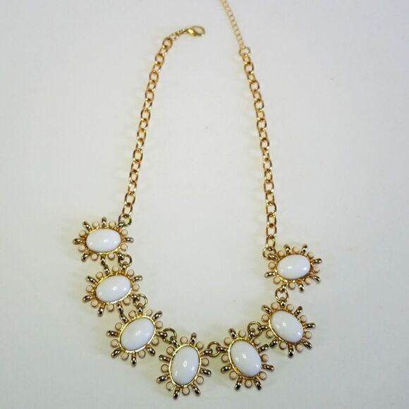 Chunky Gold Tone White Cabochon Statement Bib Necklace - Picture 1 of 5